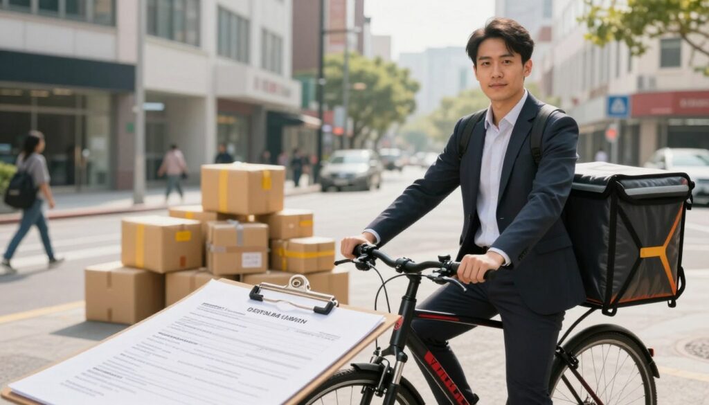 A professional courier standing beside a delivery bicycle, dressed in smart business attire, with a confident expression. In the foreground, a clipboard with delivery documents lays prominently. In the middle ground, small parcels stacked neatly, showcasing a variety of sizes. The background features a vibrant city street scene, with a blend of modern buildings and bustling pedestrians, emphasizing urban life. Soft, natural lighting creates a warm atmosphere, highlighting the courier's professionalism. The perspective captures the interaction between personal business and urban delivery dynamics, evoking a sense of opportunity and growth in self-employment versus traditional employment. The overall mood is ambitious and optimistic.
