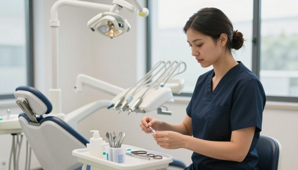 A professional dental assistant in a brightly lit, modern dental office, wearing smart business attire, stands at a dental workstation. She is engaged in organizing dental tools and materials, showcasing a sense of diligence and expertise. In the middle ground, a dental chair and equipment are visibly arranged, emphasizing the clinical environment. In the background, large windows allow natural light to illuminate the space, creating a warm and inviting atmosphere. The focus is on the assistant's concentration and professionalism, with soft shadows adding depth to the scene. The angle captures both the assistant and the dental setup, providing an informative glimpse into the dental practice. The mood is focused and industrious, reflecting the dedication and skills of a dental assistant.