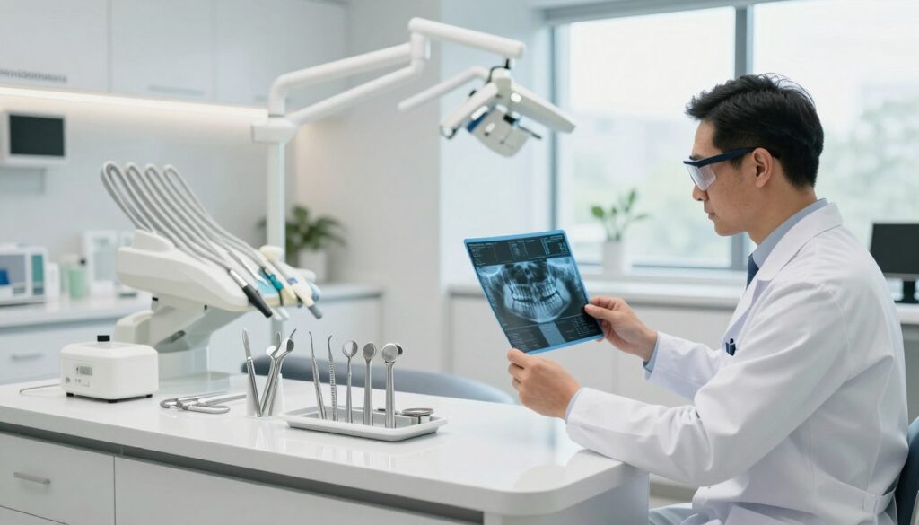 A professional dental clinic interior, featuring various specialized dental instruments and equipment displayed prominently on a sleek modern countertop. In the foreground, a dentist in a white coat and safety goggles examines a dental X-ray, showcasing their expertise. The middle ground includes multiple sections labeled for different dental specializations, such as orthodontics, periodontics, and oral surgery, each equipped with relevant tools. The background shows a bright, well-organized clinic with large windows allowing natural light to flood in, creating an inviting atmosphere. The overall mood is professional and focused, emphasizing the importance of dental specialization in the context of earnings, with soft lighting enhancing the clean, modern aesthetic.