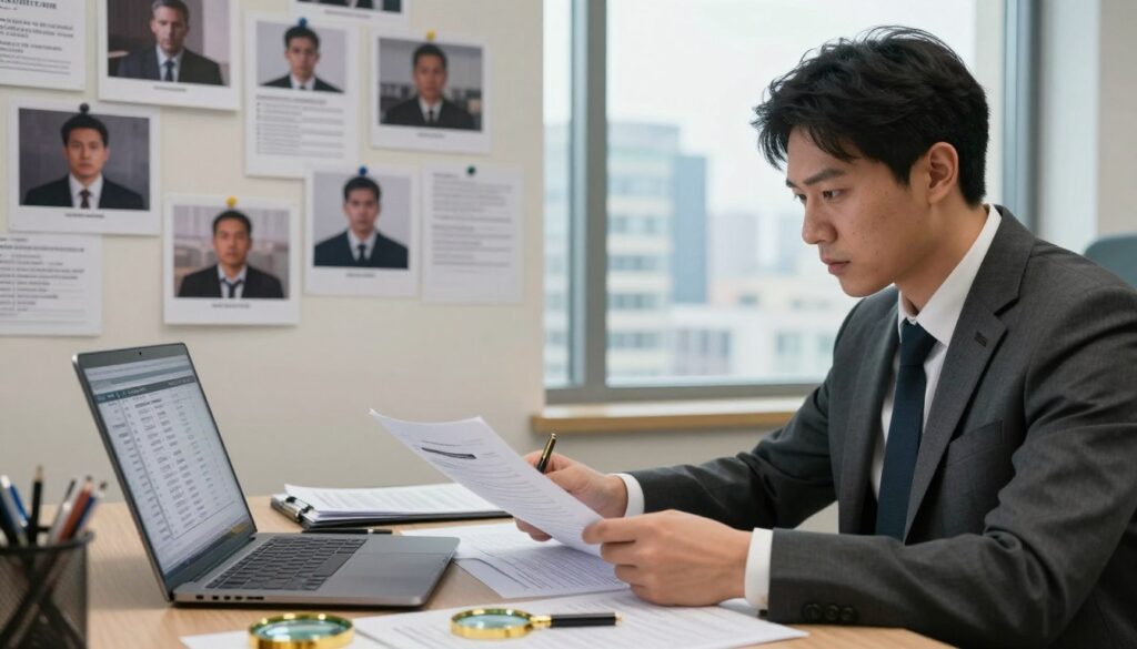 A professional detective in a modern urban office environment, analyzing case files and financial reports. In the foreground, the detective, dressed in a smart suit, is focused on a laptop with spreadsheets open, surrounded by papers and magnifying glasses. In the middle ground, a wall with pinned photographs and notes, depicting various cases and outcomes, illustrating the complexity of detective work. The background features a large window with a view of a bustling cityscape, suggesting an active and tense atmosphere. Soft, natural light fills the room, creating a warm yet serious mood. The image captures the essence of a detective’s financial realities, emphasizing the professional nuances of their earnings. A professional detective in a modern urban office environment, analyzing case files and financial reports. In the foreground, the detective, dressed in a smart suit, is focused on a laptop with spreadsheets open, surrounded by papers and magnifying glasses. In the middle ground, a wall with pinned photographs and notes, depicting various cases and outcomes, illustrating the complexity of detective work. The background features a large window with a view of a bustling cityscape, suggesting an active and tense atmosphere. Soft, natural light fills the room, creating a warm yet serious mood. The image captures the essence of a detective’s financial realities, emphasizing the professional nuances of their earnings.