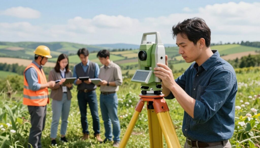 A professional geodesist working on a surveying project in a lush green landscape. In the foreground, a geodesist dressed in smart casual attire is using a total station, focused and precise, with measuring equipment set up around him. In the middle ground, a team of geodetic professionals collaborates, discussing measurements and observing readings on tablets. In the background, a panoramic view of rolling hills and fields under a bright blue sky, symbolizing the diverse environments where geodetic work is conducted. The lighting is bright and natural, suggesting a warm, sunny day. The mood conveys professionalism and teamwork, highlighting the varying aspects of geodetic work that influence earnings through experience, region, company, and task variety.