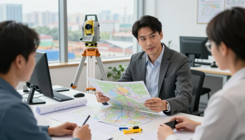 A professional geodetic firm workspace, prominently featuring a confident, well-dressed geodet, analyzing topographic maps and using advanced equipment like total stations and GPS devices. In the foreground, the geodet is engaged in discussion with a client, showcasing collaboration in a modern office setting. The middle layer includes a large table strewn with blueprints and surveying tools, while the background features a large window with a view of urban landscapes and construction sites, reflecting the real estate aspect of geodesy. The lighting is bright and inviting, coming from the window, creating an atmosphere of professionalism and innovation, with a focus on the hustle and bustle of a thriving business environment.