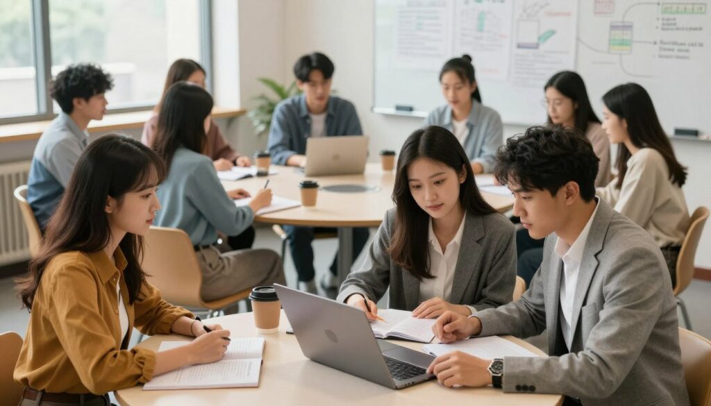 A professional indoor setting for an academic weekend gathering, featuring a diverse group of students engaged in discussions and group work. In the foreground, two students—a woman in smart casual attire and a man in business casual—are focused on a laptop, reviewing study materials together. In the middle, a round table is surrounded by more students with notebooks and coffee cups, representing a collaborative atmosphere. The background shows a large whiteboard filled with notes and diagrams, emphasizing the study environment. Soft, natural lighting cascades through large windows, creating an inspiring and inviting mood. The camera angle is slightly elevated, capturing the entire scene in a warm, vibrant setting, embodying the essence of part-time university studies and weekend classes.