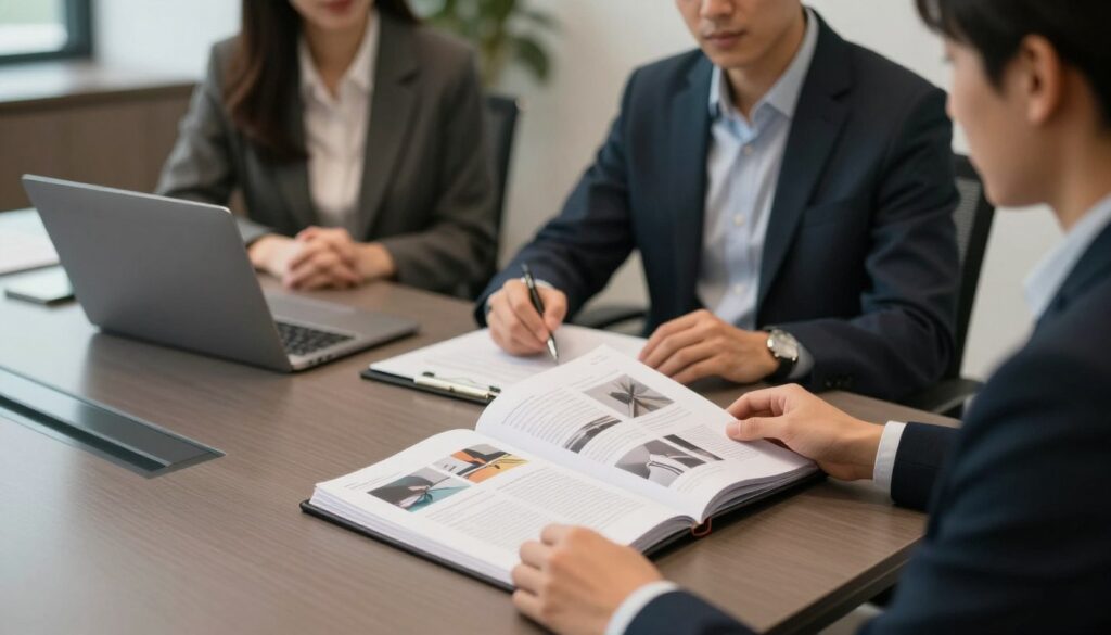 A professional interview setting featuring a well-dressed individual, male or female, sitting at a sleek conference table. In the foreground, an open portfolio filled with neatly arranged documents, visual samples, and a few standout pieces of work displayed prominently. The middle ground captures the interviewee engaged in conversation with a hiring manager, who is attentively reviewing the portfolio. The background shows a modern office environment with soft, focused lighting that creates a warm atmosphere, emphasizing professionalism. Utilize a slightly elevated camera angle to highlight both the portfolio and the interaction between the individuals. The mood is confident yet approachable, reflecting a successful business meeting.