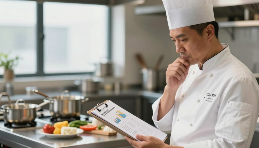 A professional kitchen scene showing a chef evaluating various factors that influence salary, such as experience, location, and skill level. In the foreground, a chef in a crisp white uniform and chef's hat stands thoughtfully, looking at a clipboard filled with charts and statistics. In the middle ground, a modern kitchen with pots, pans, and various cooking ingredients scattered across a counter, symbolizing the culinary world. In the background, a large window lets in soft, natural light, creating a warm, inviting atmosphere. The overall mood is focused and analytical, highlighting the seriousness of culinary career choices and financial considerations, captured with a shallow depth of field to accentuate the chef's expression.