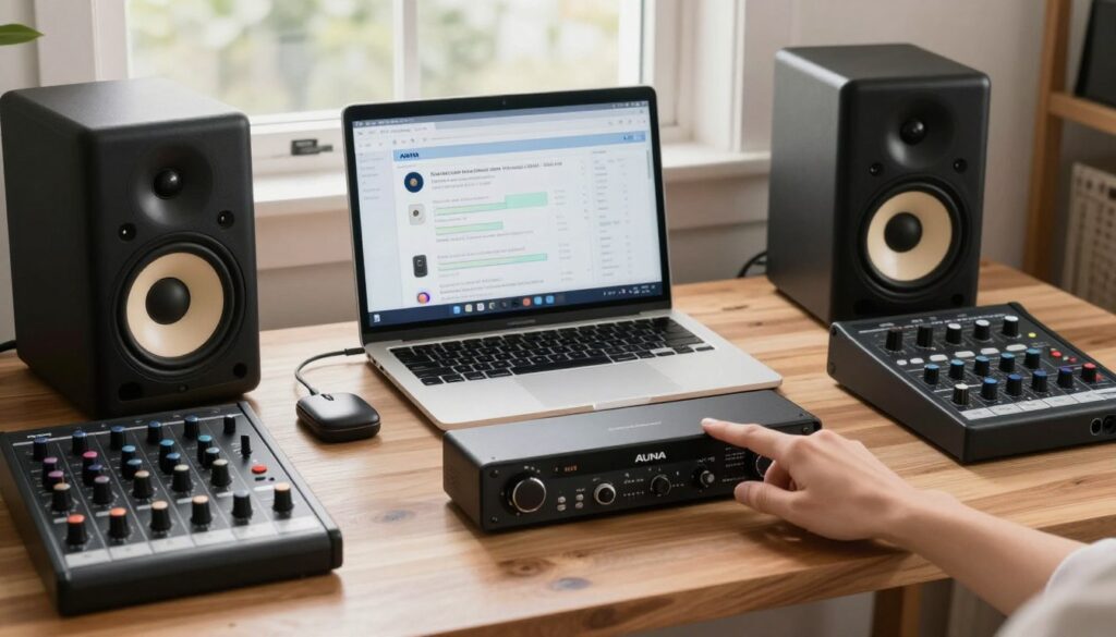 A professional-looking workspace featuring a detailed flat lay of audio equipment by Auna, including speakers, mixers, and amplifiers, elegantly arranged on a wooden desk. In the foreground, a hand is gently pointing towards a sleek, modern Auna product, demonstrating the selection process. The middle ground features an open laptop displaying comparative charts and user reviews about Auna products, emphasizing informed decision-making. The background shows a cozy, well-lit room with soft, natural light streaming through a window, creating an inviting atmosphere. The overall mood is focused and motivational, encouraging viewers to make smart purchases with confidence, reflecting a practical guide to buying Auna products. No text or human figures are included.