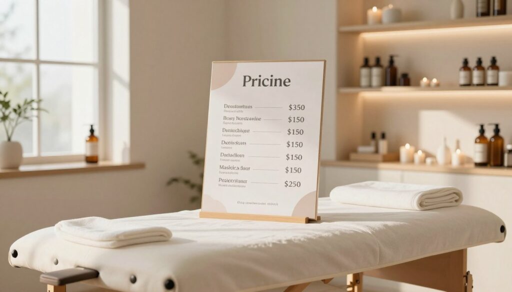 A professional massage therapist's workspace, highlighting a neatly arranged massage table in the foreground, covered with a soft, clean sheet. The middle of the scene showcases a stylish pricing board displaying various massage treatment rates and services, elegantly designed with minimalistic graphics. In the background, softly lit shelves filled with massage oils, candles, and wellness products create a serene atmosphere. The room is well-lit with natural light streaming in from a large window, casting gentle shadows and adding warmth. The overall mood is tranquil and inviting, ideal for relaxation. Emphasize professionalism by ensuring all elements reflect a clean, organized, and welcoming environment.