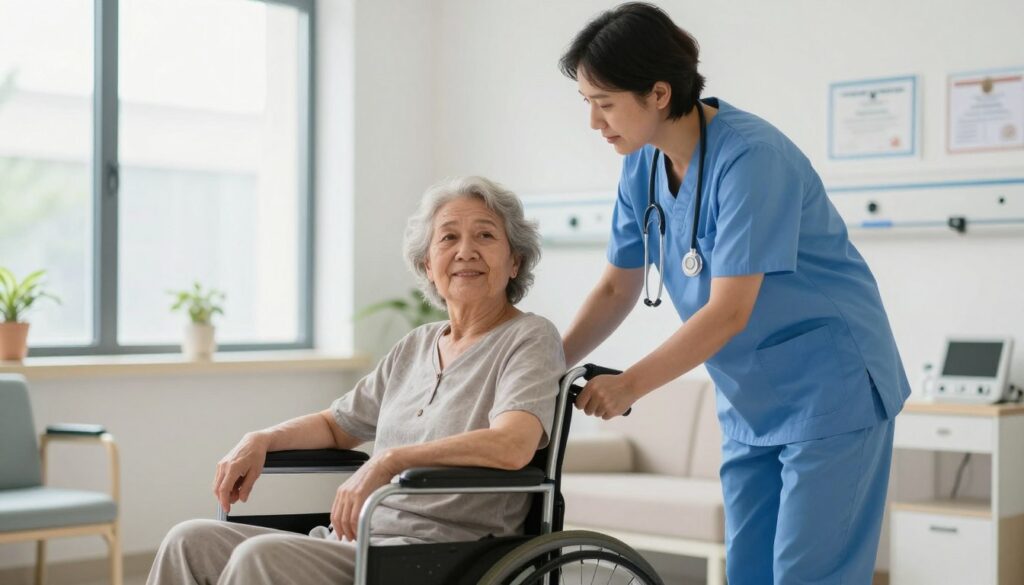 A professional medical caregiver in a clean, bright medical facility, illustrating the role of a medical guardian in a social care home. The caregiver, a middle-aged person in modest casual clothing, is gently assisting an elderly patient in a wheelchair, showcasing compassion and professionalism. In the foreground, the caregiver's focused expression conveys dedication. The middle ground features the patient, looking content and comfortable, with soft lighting illuminating their faces, suggesting warmth and care. In the background, medical equipment and certificates on the walls hint at the caregiver's professional environment, while natural light streams in through large windows, creating an inviting atmosphere. The overall mood is supportive and empathetic, capturing the essence of a medical caregiver’s work life. A professional medical caregiver in a clean, bright medical facility, illustrating the role of a medical guardian in a social care home. The caregiver, a middle-aged person in modest casual clothing, is gently assisting an elderly patient in a wheelchair, showcasing compassion and professionalism. In the foreground, the caregiver's focused expression conveys dedication. The middle ground features the patient, looking content and comfortable, with soft lighting illuminating their faces, suggesting warmth and care. In the background, medical equipment and certificates on the walls hint at the caregiver's professional environment, while natural light streams in through large windows, creating an inviting atmosphere. The overall mood is supportive and empathetic, capturing the essence of a medical caregiver’s work life.