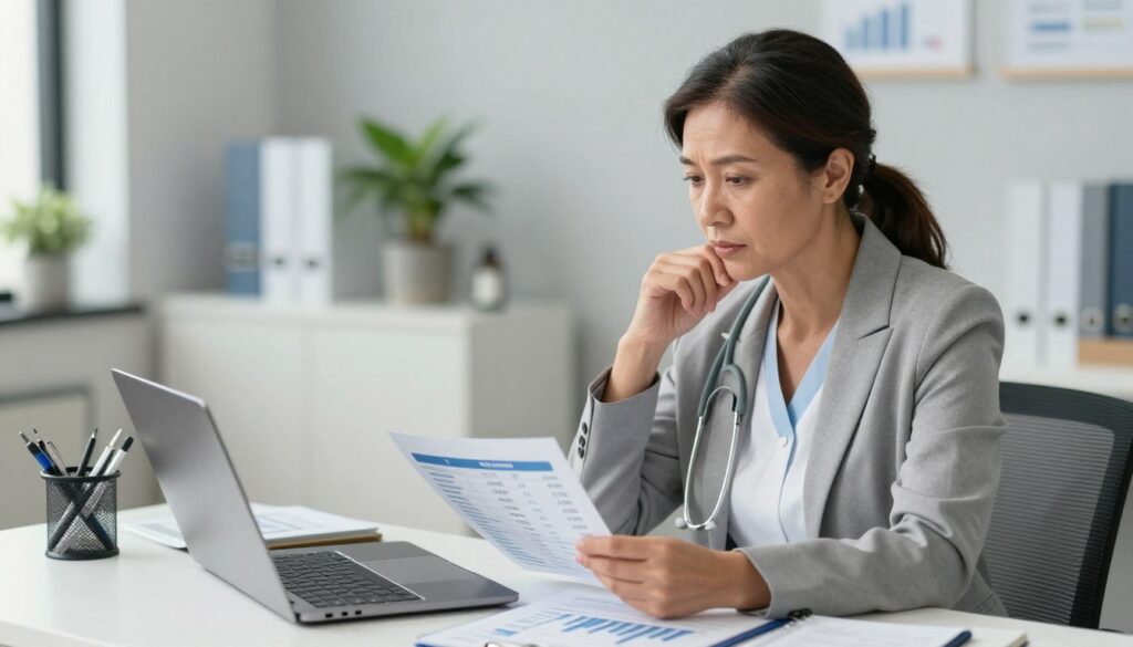 A professional medical caregiver in a modern office setting, sitting at a clean desk with a laptop open, analyzing hourly wage data. The caregiver, a middle-aged woman in a smart, modest business attire, appears focused and thoughtful while examining charts and figures. In the background, soft lighting illuminates a well-organized workspace, with a plant and medical supplies subtly integrated into the decor. The angle is slightly above eye level, capturing both the caregiver's expression and the details of her workspace. The atmosphere is one of professionalism and diligence, reflecting the importance of understanding medical caregiver salaries and employment forms. A professional medical caregiver in a modern office setting, sitting at a clean desk with a laptop open, analyzing hourly wage data. The caregiver, a middle-aged woman in a smart, modest business attire, appears focused and thoughtful while examining charts and figures. In the background, soft lighting illuminates a well-organized workspace, with a plant and medical supplies subtly integrated into the decor. The angle is slightly above eye level, capturing both the caregiver's expression and the details of her workspace. The atmosphere is one of professionalism and diligence, reflecting the importance of understanding medical caregiver salaries and employment forms.