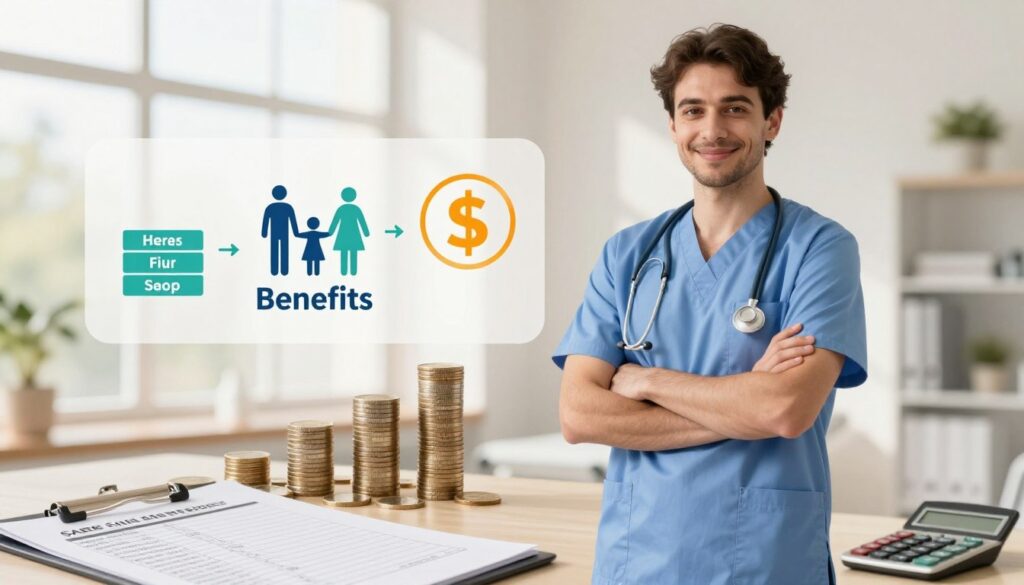 A professional medical caregiver in modest casual attire, standing confidently in a bright, well-organized healthcare environment, surrounded by symbols of financial growth like coins and a calculator. In the foreground, a clipboard with a detailed salary breakdown visible. In the middle ground, a display of benefits like health insurance graphics, family care icons, and bonus figures. The background features soft natural light streaming through large windows, casting gentle shadows that create a warm and inviting atmosphere. The mood is optimistic and focused, highlighting the value of compensation and benefits in the healthcare sector. Use a warm color palette with a slight depth of field to emphasize the subject.