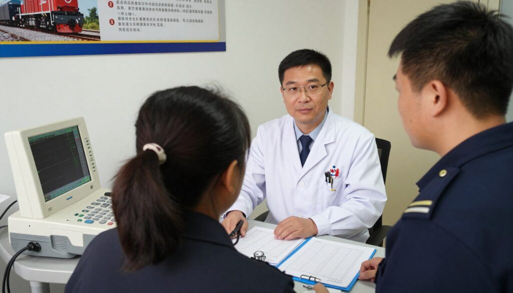 A professional medical examination room dedicated to railway workers, specifically featuring a licensed medical practitioner in a white coat examining a railway worker, dressed in professional attire. The foreground includes medical equipment like an ECG machine, a stethoscope, and test charts. In the middle, a focused interaction between the doctor and patient takes place, conveying a sense of trust and care. The background shows railway-related posters emphasizing safety and health requirements for locomotive engineers. Soft, natural lighting illuminates the room, creating a warm, inviting atmosphere, and the angle is slightly from above to capture the essence of the examination process while maintaining professionalism and clarity.