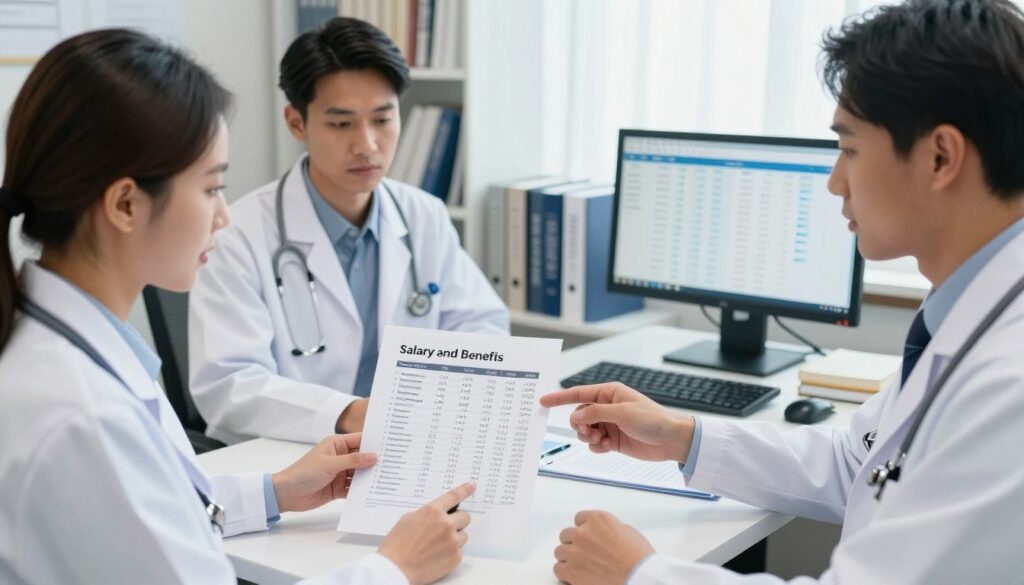 A professional medical office setting, showcasing a diverse group of healthcare professionals in formal attire, discussing a document titled "Salary and Benefits." In the foreground, two medical consultants analyze charts and tables that represent salary scales, with one pointing to a chart illustrating minimum wage regulations. In the middle ground, a large desk filled with medical books and guidelines, while a computer screen displays financial data related to healthcare occupations. The background features shelves lined with medical texts and a window allowing natural light to illuminate the room, creating a focused and productive atmosphere. The mood is serious yet collaborative, emphasizing the importance of understanding healthcare salary structures.