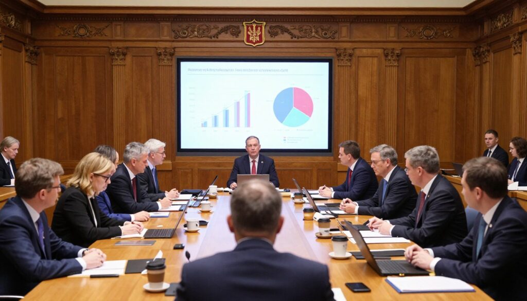 A professional meeting room in the Polish Parliament filled with representatives discussing financial allocations. In the foreground, a diverse group of business-attired individuals, including male and female politicians, are seated at a long, polished wooden table covered with papers, laptops, and coffee cups. The middle of the scene features a large presentation screen displaying graphs and pie charts related to parliamentary allowances and committee roles. In the background, ornate wood paneling and the symbols of the Polish government create a formal atmosphere, illuminated by soft overhead lighting that enhances the seriousness of the discussions. The overall mood is focused and collaborative, reflecting the importance of the topic at hand.