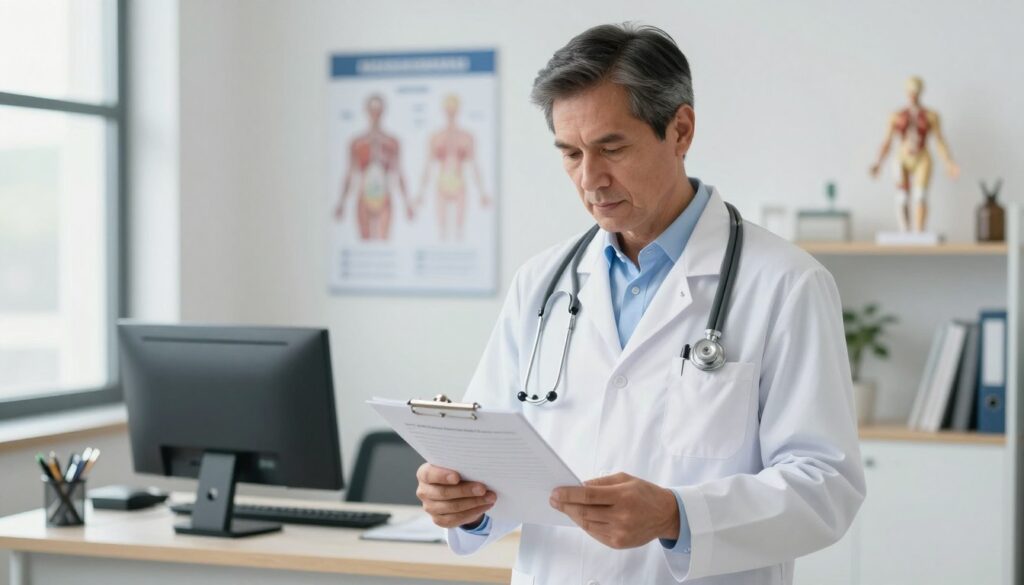 A professional occupational medicine doctor in a modern clinic setting, standing confidently with a medical chart in hand. The doctor, a middle-aged Caucasian male, is wearing a crisp white lab coat over a light blue dress shirt, with a stethoscope casually draped around his neck. In the foreground, focus on the doctor’s thoughtful expression as he reviews the chart, symbolizing his role in issuing medical leaves. The middle ground features a well-organized desk with medical tools and a computer. The background includes a bright, airy room with medical posters and an anatomical model on a shelf, conveying a sense of professionalism and care. Soft, natural lighting from a nearby window enhances the atmosphere, making it inviting and reassuring. A professional occupational medicine doctor in a modern clinic setting, standing confidently with a medical chart in hand. The doctor, a middle-aged Caucasian male, is wearing a crisp white lab coat over a light blue dress shirt, with a stethoscope casually draped around his neck. In the foreground, focus on the doctor’s thoughtful expression as he reviews the chart, symbolizing his role in issuing medical leaves. The middle ground features a well-organized desk with medical tools and a computer. The background includes a bright, airy room with medical posters and an anatomical model on a shelf, conveying a sense of professionalism and care. Soft, natural lighting from a nearby window enhances the atmosphere, making it inviting and reassuring.