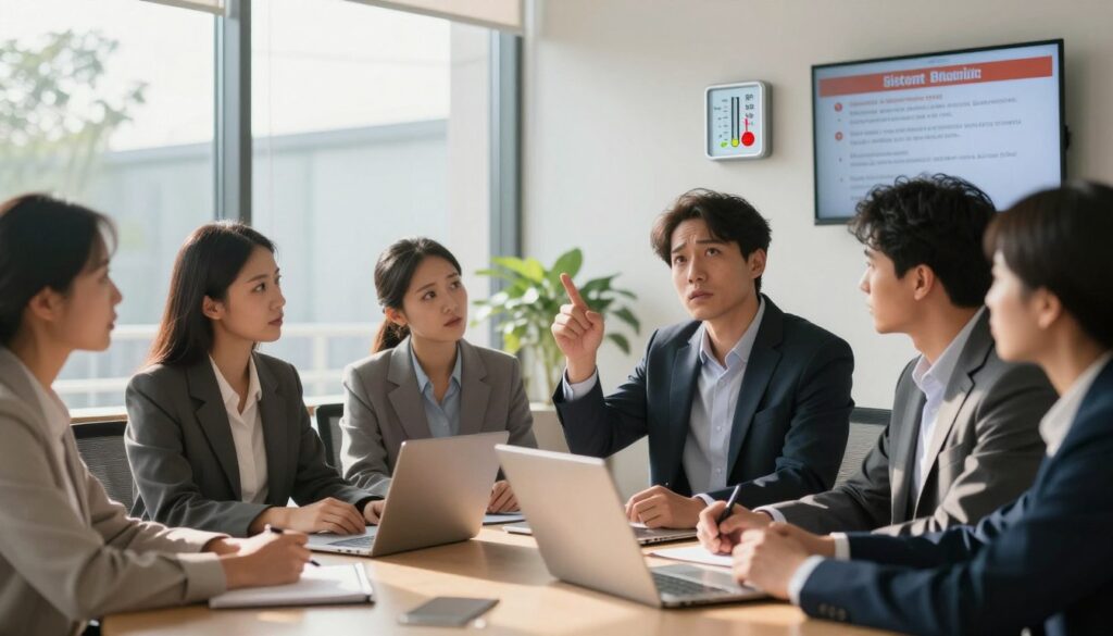 A professional office environment depicting a diverse group of employees in business attire, showing a meeting about workplace temperature policy. In the foreground, a concerned employee points at a temperature gauge displaying a high reading, surrounded by colleagues looking attentive and engaged. The middle ground features a large window with sunlight streaming in, casting soft shadows across the room, enhancing the sense of heat. In the background, a digital display highlights safety protocols related to high temperatures at work. The atmosphere is tense yet focused, with a modern office design emphasizing transparency and collaboration. The lighting is bright but warm, creating an inviting yet serious mood, suitable for discussing workplace safety standards.