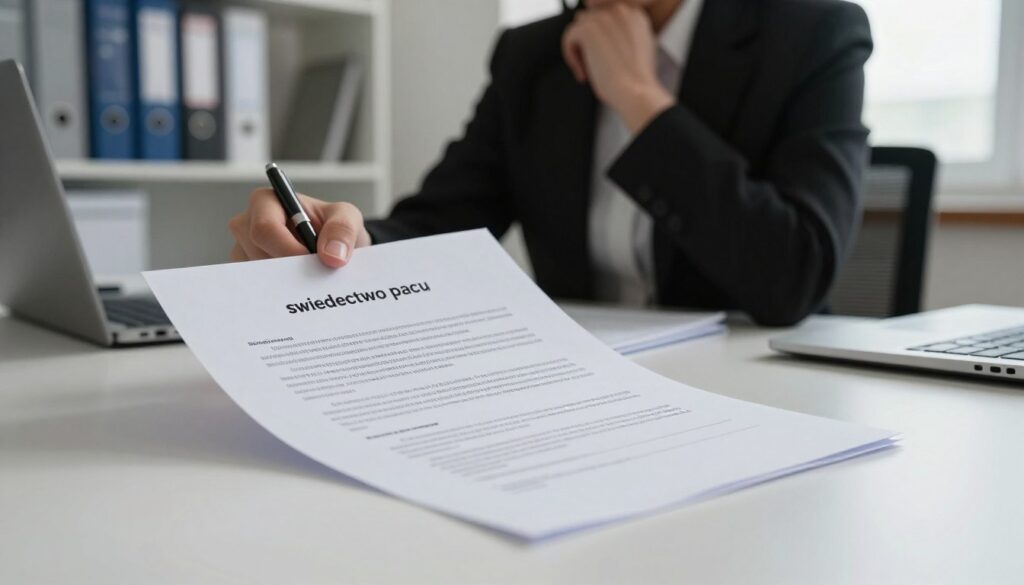 A professional office environment depicting an important document labeled "świadectwo pracy" prominently in the foreground, placed on a clean, organized desk. The document is partially unfolded, showing clear and formal text. In the middle ground, a silhouette of a person in professional business attire, thoughtfully examining the document, perhaps holding a pen, appears focused and contemplative. The background should feature shelves filled with folders and files, conveying a sense of order and diligence. Soft, natural lighting filters through a window, casting gentle shadows, creating a calm and serious atmosphere. The overall mood is one of professionalism, emphasizing the significance of retrieving valuable work-related documents in an organized manner.