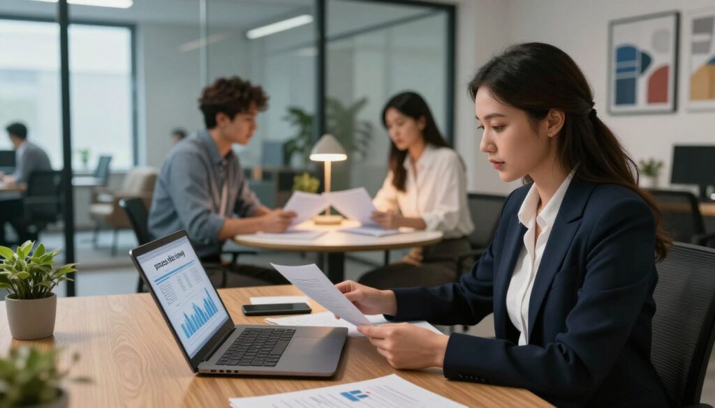 A professional office environment depicting the "process obsługi sprawy". In the foreground, a focused businesswoman in smart professional attire reviews documents at a sleek wooden desk, with a laptop open displaying graphs and charts. In the middle ground, two colleagues, one male and one female, discuss case files at a round table with a low-light lamp casting a warm glow. The background features glass walls showing an organized workspace with modern furnishings, plants, and inspirational corporate art. Soft, natural lighting filters in through large windows, creating an atmosphere of collaboration and productivity. The angle captures a blend of teamwork and professionalism, emphasizing the efficient handling of cases.