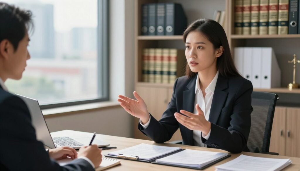A professional office environment depicting two individuals engaged in a serious discussion about employment termination notice periods. In the foreground, a confident woman in business attire is sitting at a modern desk, gesturing as she explains concepts related to notice periods. Opposite her, a man in a suit listens attentively, taking notes on a notepad. In the middle ground, a large window reveals a cityscape outside, with natural light illuminating the scene, creating a warm and focused atmosphere. The background features a bookshelf lined with legal books and documents about labor laws. The mood is serious yet encouraging, reflecting the importance of understanding employment contracts and their implications.
