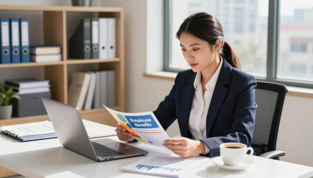 A professional office environment showcasing a female accountant in smart business attire, sitting at a modern desk adorned with financial documents and a laptop. The accountant, with a focused expression, is reviewing a colorful benefits brochure titled "Employee Benefits" alongside a cup of coffee. In the background, there are shelves filled with books on finance and a large window revealing a sunny cityscape, symbolizing opportunities and growth. The lighting is bright and inviting, creating a warm and productive atmosphere. The camera angle is slightly above eye level, giving a sense of engagement and professionalism, capturing the essence of non-monetary benefits that enhance job satisfaction. A professional office environment showcasing a female accountant in smart business attire, sitting at a modern desk adorned with financial documents and a laptop. The accountant, with a focused expression, is reviewing a colorful benefits brochure titled "Employee Benefits" alongside a cup of coffee. In the background, there are shelves filled with books on finance and a large window revealing a sunny cityscape, symbolizing opportunities and growth. The lighting is bright and inviting, creating a warm and productive atmosphere. The camera angle is slightly above eye level, giving a sense of engagement and professionalism, capturing the essence of non-monetary benefits that enhance job satisfaction.