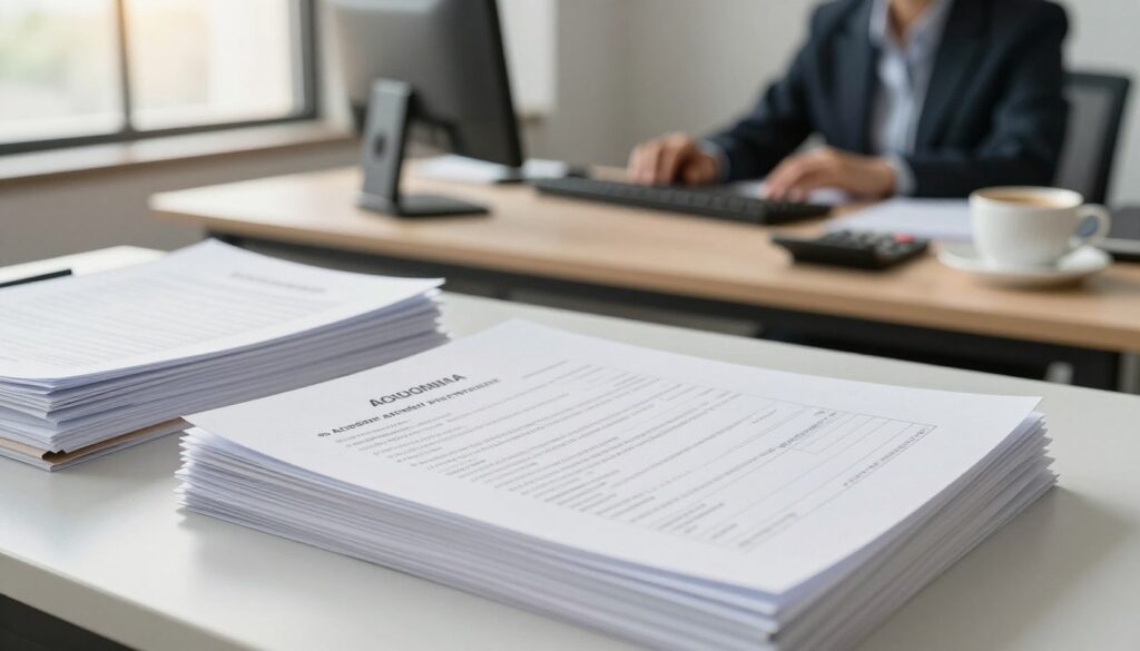 A professional office environment showcasing important workplace accident documentation. In the foreground, a neatly arranged stack of paperwork, including a detailed accident protocol, reports, and forms. The middle layer features a desk with a computer, a calculator, and a cup of coffee, all emphasizing a focused work atmosphere. In the background, a large window with soft, natural sunlight filters into the room, illuminating the scene and creating a calm, serious mood. The overall atmosphere conveys professionalism and diligence, suitable for the context of workplace safety and procedures. The image has a clean and organized aesthetic, with no people present to maintain focus on the documents and environment.