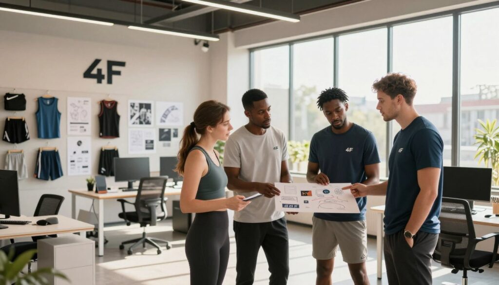 A professional office environment showcasing the essence of the sportswear brand "4F". In the foreground, display a group of three diverse individuals wearing stylish, functional sportswear, engaged in a collaborative discussion over a design board. The middle ground features a sleek and modern workspace adorned with 4F branding, sports apparel samples, and design sketches. In the background, large windows reveal a bright, sunny day outside, creating an inviting atmosphere. The lighting is soft and warm, enhancing the professional yet dynamic mood of the scene. Use a wide-angle lens to capture the depth of the office layout, ensuring the focus remains on the individuals and their creative efforts, while reflecting the innovative spirit of the brand.