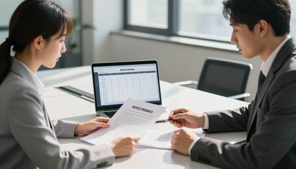 A professional office scene depicting two business people engaged in a discussion about employment contracts, emphasizing the topic of notice periods. In the foreground, a woman in a smart blazer and a man in a tailored suit are seated at a sleek conference table, examining documents with focused expressions. In the middle ground, an open laptop displays a spreadsheet with formulas, symbolizing the calculation of notice periods. The background shows a modern office setting with large windows, allowing natural light to flood in, casting soft shadows. The overall atmosphere should convey a sense of professionalism, collaboration, and the importance of understanding employment laws, with a color palette of neutral tones and accent lighting for a polished look. A professional office scene depicting two business people engaged in a discussion about employment contracts, emphasizing the topic of notice periods. In the foreground, a woman in a smart blazer and a man in a tailored suit are seated at a sleek conference table, examining documents with focused expressions. In the middle ground, an open laptop displays a spreadsheet with formulas, symbolizing the calculation of notice periods. The background shows a modern office setting with large windows, allowing natural light to flood in, casting soft shadows. The overall atmosphere should convey a sense of professionalism, collaboration, and the importance of understanding employment laws, with a color palette of neutral tones and accent lighting for a polished look.