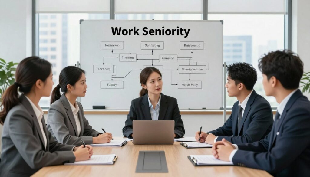 A professional office scene illustrating the concept of work seniority in the public sector. In the foreground, a diverse group of four well-dressed individuals, including a man and a woman in business attire, are engaged in a discussion around a large conference table filled with documents and a laptop. The middle layer features a whiteboard marked with flowcharts and timelines indicating work periods and entitlements. In the background, a well-lit window reveals a cityscape, suggesting a bustling work environment. The lighting is bright and inviting, emanating a sense of focus and professionalism. The atmosphere conveys collaboration and clarity, perfect for a discussion on work experience in public service. The scene is devoid of any text or branding elements, making it suitable for an article illustration. A professional office scene illustrating the concept of work seniority in the public sector. In the foreground, a diverse group of four well-dressed individuals, including a man and a woman in business attire, are engaged in a discussion around a large conference table filled with documents and a laptop. The middle layer features a whiteboard marked with flowcharts and timelines indicating work periods and entitlements. In the background, a well-lit window reveals a cityscape, suggesting a bustling work environment. The lighting is bright and inviting, emanating a sense of focus and professionalism. The atmosphere conveys collaboration and clarity, perfect for a discussion on work experience in public service. The scene is devoid of any text or branding elements, making it suitable for an article illustration.