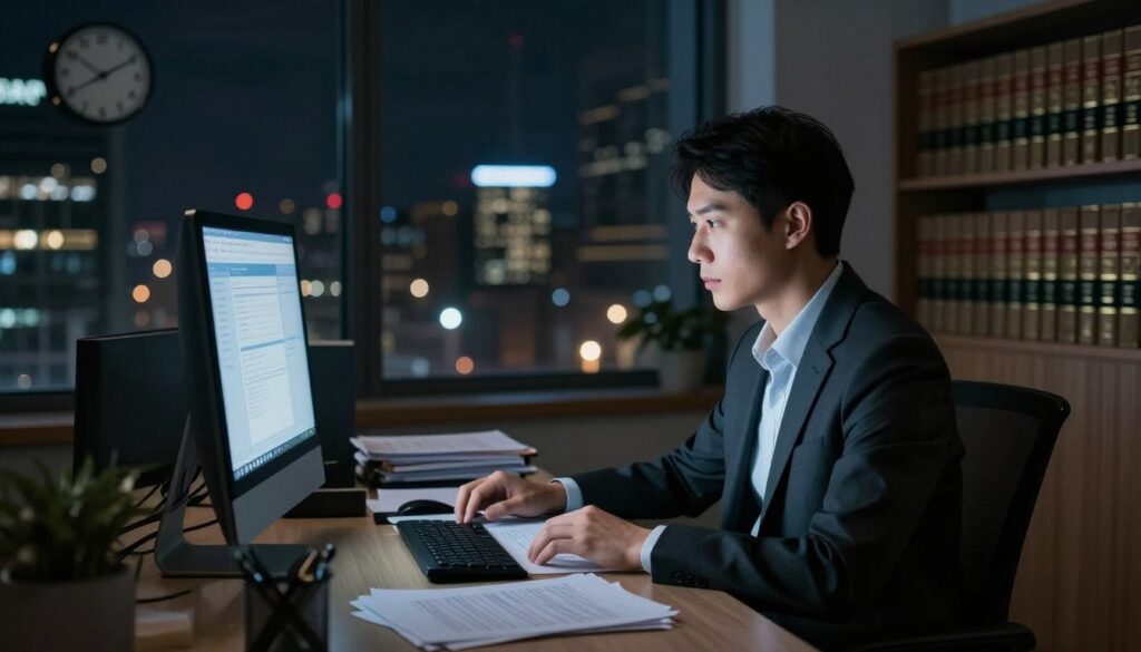 A professional office setting at night, showcasing a dimly lit workspace with a desk cluttered with documents, a computer screen glowing softly, and a clock showing late hours. In the foreground, a person in smart business attire sits at the desk, deeply focused on their work, their face illuminated by the screen’s light. The middle ground features a window revealing a night cityscape with twinkling lights, conveying a sense of stillness and concentration. In the background, bookshelves filled with legal texts and reference materials hint at the intricate nature of night work. The overall atmosphere is one of dedication and professionalism, highlighted by soft ambient lighting that enhances the mood of a serious, contemplative nightshift.