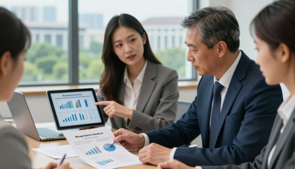 A professional office setting depicting a group of diverse individuals discussing salary structures. In the foreground, a mid-aged male mayor in a crisp suit analyzes a document labeled 'Wynagrodzenie Zasadnicze' with charts and figures. In the middle ground, a young female financial advisor offers insights, pointing at a digital tablet showcasing salary statistics. The background features a large window displaying a serene cityscape with green parks and government buildings. Use soft, natural lighting to enhance the professionalism of the scene, and focus on a slight depth of field to emphasize the individuals. The mood is serious yet collaborative, representing the importance of wage discussions in governance.