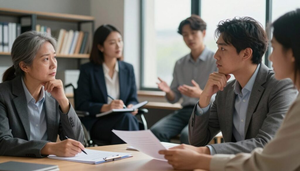 A professional office setting featuring a diverse group of individuals engaged in a thoughtful discussion about work capabilities. In the foreground, a middle-aged man in business attire looks contemplatively at a document on the table, representing the complexities of work ability. In the middle ground, a woman wearing professional attire takes notes, while a younger person gestures, emphasizing an active exchange of ideas. In the background, there are shelves filled with resource materials and a large window with soft, natural light filtering in, creating a calm and focused atmosphere. The overall mood is one of collaboration, understanding, and determination, reflecting the nuances of work and disability in a professional context.