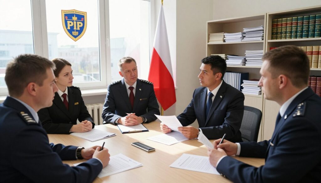 A professional office setting illustrating the Polish "Państwowa Inspekcja Pracy" (National Labor Inspectorate). In the foreground, a group of inspectors in professional business attire engaged in discussion over a table covered with documents and reports. The middle ground features a large window with natural light pouring in, casting soft shadows and highlighting a national flag and an emblem of PIP on the wall. In the background, shelves are stacked with labor law books and reference materials, adding depth to the scene. The atmosphere is serious and focused, conveying the importance of labor inspection and oversight. The lighting is bright and clear, emphasizing the professionalism of the environment, with a slight emphasis on warm tones to enhance approachability. A professional office setting illustrating the Polish "Państwowa Inspekcja Pracy" (National Labor Inspectorate). In the foreground, a group of inspectors in professional business attire engaged in discussion over a table covered with documents and reports. The middle ground features a large window with natural light pouring in, casting soft shadows and highlighting a national flag and an emblem of PIP on the wall. In the background, shelves are stacked with labor law books and reference materials, adding depth to the scene. The atmosphere is serious and focused, conveying the importance of labor inspection and oversight. The lighting is bright and clear, emphasizing the professionalism of the environment, with a slight emphasis on warm tones to enhance approachability.