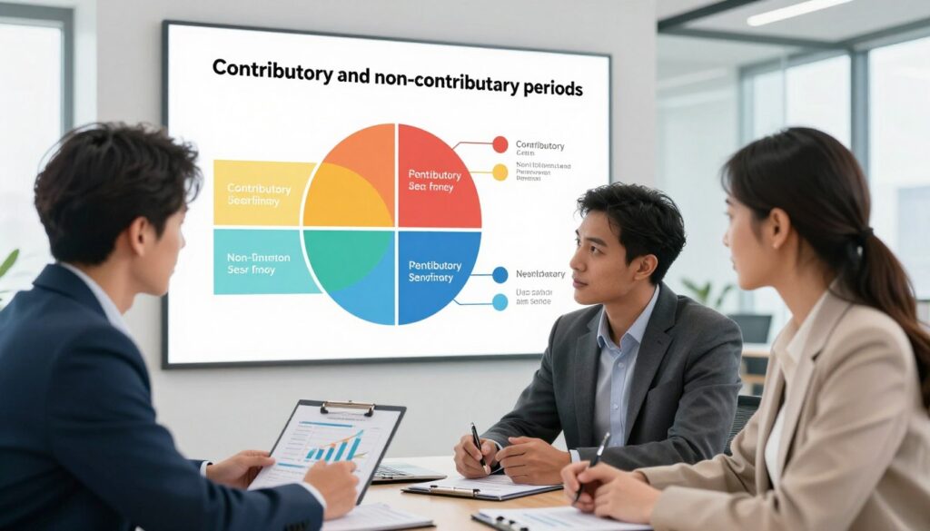 A professional office setting illustrating the concept of "contributory and non-contributory periods" in the context of pension schemes. In the foreground, a diverse group of three professionals (two men and one woman) dressed in business attire are engaged in discussion over charts depicting work tenure, and health leave impacts on pension. In the middle, a large infographic on a wall displays clear visuals, showing periods categorized as contributory and non-contributory in vibrant colors. The background features a modern office environment with large windows allowing natural light to create a bright, inviting atmosphere. The mood is focused and collaborative, emphasizing the importance of understanding employment periods for retirement benefits.