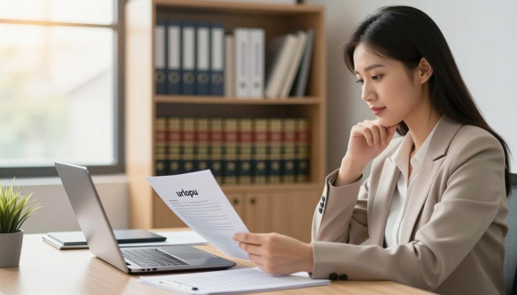 A professional office setting illustrating the concept of "urlopu" with a focus on work leave. In the foreground, a well-dressed businesswoman sitting at a desk with paperwork and a laptop, thoughtfully reviewing documents related to work leave policies. In the middle ground, a bookshelf filled with legal texts and employment law books, hinting at regulations governing work leave and labor rights. The background features a bright office window showing a sunny day outside, suggesting a positive and open atmosphere. The lighting is soft and warm, creating an inviting and professional mood, while the angle captures the businesswoman in profile, conveying a sense of concentration and professionalism.
