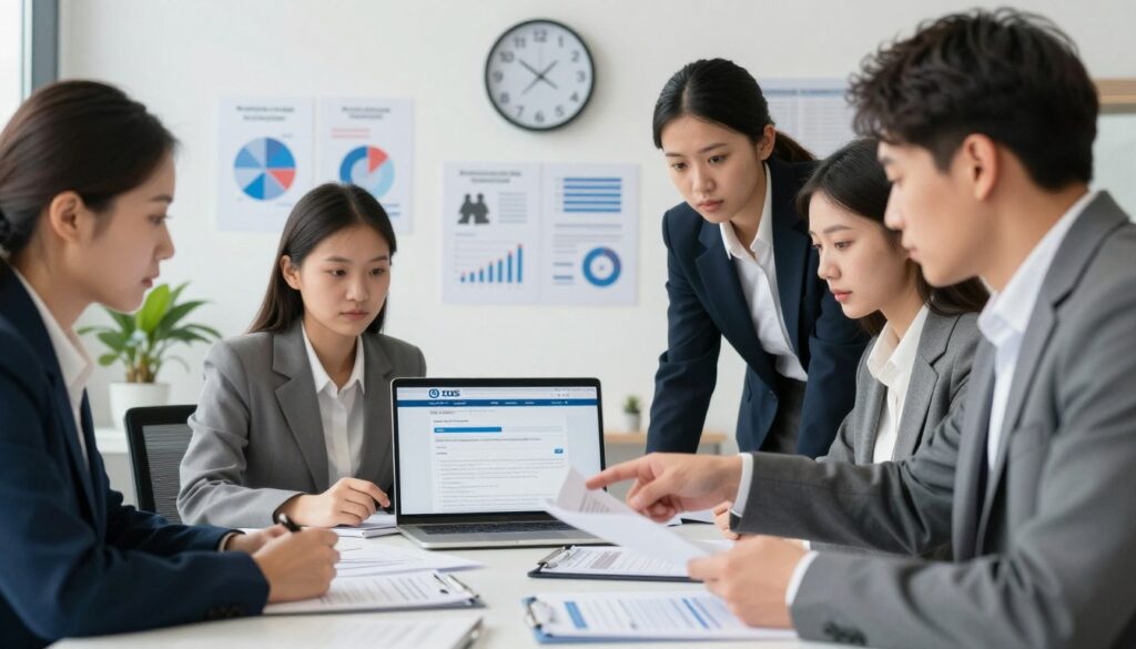 A professional office setting illustrating the concept of work-related accident reporting and compensation, featuring a desk cluttered with documents, forms, and an open laptop displaying an official ZUS webpage. In the foreground, a diverse group of four business professionals, dressed in smart attire, are engaged in a serious discussion, pointing at the forms and screen, emphasizing teamwork and collaboration. In the middle, a clock on the wall symbolically represents the urgency of reporting time, while in the background, charts and infographics about workplace safety and accident statistics are displayed on the wall. The lighting is bright and natural, creating a calm yet focused atmosphere, with a shallow depth of field that subtly blurs the background, drawing attention to the professionals in action.