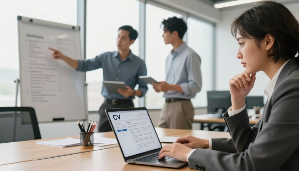 A professional office setting showcasing a diverse group of individuals in business attire, engaged in various activities related to job applications and resume writing. In the foreground, a focused person is working on a laptop, reviewing a document titled "CV" with a thoughtful expression. In the middle ground, two colleagues are engaged in a discussion, pointing at a whiteboard filled with notes about job experiences. The background features a modern office with large windows, allowing natural light to fill the space, creating a warm and inviting atmosphere. Soft shadows enhance the depth, while a gentle lens blur captures the focus on the foreground activities. The overall mood is collaborative and productive, perfectly illustrating the theme of selecting work experiences for a CV.