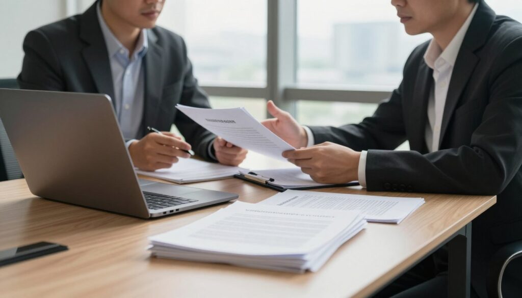 A professional office setting showcasing a neatly arranged conference table in the foreground, with piles of formal documents and a stylish laptop, symbolizing employment contracts. In the middle ground, two individuals in business attire engage in a serious discussion, one holding a contract and gesturing thoughtfully, the other listening intently while taking notes. The background features a large window with soft natural light streaming in, creating a calm atmosphere, and a subtle cityscape visible outside. Use warm, inviting lighting to enhance the mood of professionalism and contemplation, with a slightly elevated angle to capture the scene’s depth and detail. The image should convey the importance and gravity of employment termination discussions without any text or distractions. A professional office setting showcasing a neatly arranged conference table in the foreground, with piles of formal documents and a stylish laptop, symbolizing employment contracts. In the middle ground, two individuals in business attire engage in a serious discussion, one holding a contract and gesturing thoughtfully, the other listening intently while taking notes. The background features a large window with soft natural light streaming in, creating a calm atmosphere, and a subtle cityscape visible outside. Use warm, inviting lighting to enhance the mood of professionalism and contemplation, with a slightly elevated angle to capture the scene’s depth and detail. The image should convey the importance and gravity of employment termination discussions without any text or distractions.
