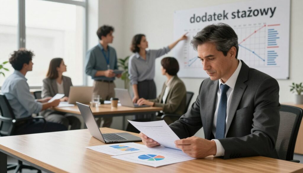 A professional office setting showcasing the concept of "dodatek stażowy" (seniority bonus). In the foreground, a well-dressed government employee, a middle-aged man in a sharp suit, is reviewing documents at a sleek wooden desk covered with charts and graphs related to work experience and bonuses. In the middle ground, a group of diverse colleagues engage in a discussion, with one pointing at a detailed chart on the wall illustrating work experience timelines. The background features a modern office environment with large windows allowing soft natural light to fill the room, casting a warm glow. The mood is focused and professional, creating an atmosphere of teamwork and advancement, with an emphasis on growth in a public sector career. A professional office setting showcasing the concept of "dodatek stażowy" (seniority bonus). In the foreground, a well-dressed government employee, a middle-aged man in a sharp suit, is reviewing documents at a sleek wooden desk covered with charts and graphs related to work experience and bonuses. In the middle ground, a group of diverse colleagues engage in a discussion, with one pointing at a detailed chart on the wall illustrating work experience timelines. The background features a modern office environment with large windows allowing soft natural light to fill the room, casting a warm glow. The mood is focused and professional, creating an atmosphere of teamwork and advancement, with an emphasis on growth in a public sector career.