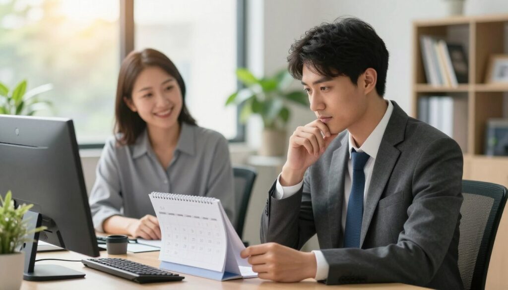 A professional office setting with a bright, inviting atmosphere. In the foreground, a son in business attire is seated at a desk, looking thoughtfully at a calendar and documents, symbolizing his responsibilities. Beside him is an image of his mother, smiling reassuringly, represented in a framed photograph, suggesting her protective presence. In the middle ground, a blurred view of an office with a window showcasing a sunny day outside, casting soft natural light into the room, enhancing the sense of warmth. The background features a comfortable meeting area with plants and a bookshelf, providing a sense of professionalism. The overall mood is optimistic and responsible, reflecting the theme of familial support and workplace obligations. A professional office setting with a bright, inviting atmosphere. In the foreground, a son in business attire is seated at a desk, looking thoughtfully at a calendar and documents, symbolizing his responsibilities. Beside him is an image of his mother, smiling reassuringly, represented in a framed photograph, suggesting her protective presence. In the middle ground, a blurred view of an office with a window showcasing a sunny day outside, casting soft natural light into the room, enhancing the sense of warmth. The background features a comfortable meeting area with plants and a bookshelf, providing a sense of professionalism. The overall mood is optimistic and responsible, reflecting the theme of familial support and workplace obligations.