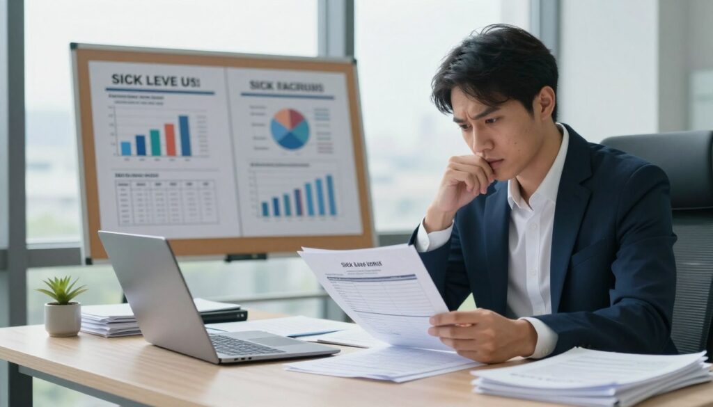 A professional office setting with a focus on a person in business attire. In the foreground, a concerned employee studies documents about sick leave and vacation entitlements at a modern desk cluttered with papers and a laptop. In the middle ground, a bulletin board displays charts and timelines illustrating the impact of sick leave on vacation accrual. The background features large windows letting in soft, natural light, enhancing the serious yet contemplative atmosphere. The overall mood is one of reflection on workplace rights and entitlements. The scene is captured from an angle that emphasizes both the desk and the bulletin board, with a shallow depth of field to keep the focus on the employee's expression and documents.