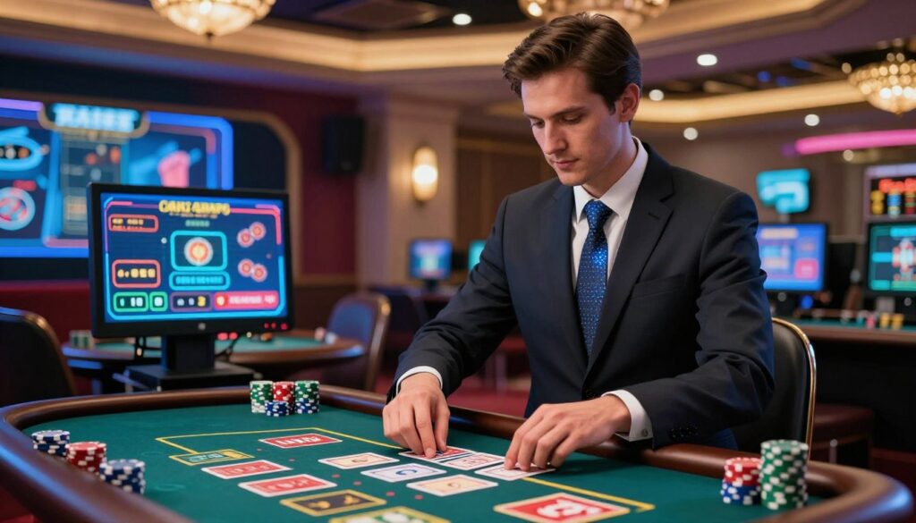 A professional online dealer in a virtual casino environment, dressed in formal business attire, includes a smart tie and tailored suit. The foreground features the dealer engaging with virtual cards and chips, demonstrating expertise. In the middle ground, a sleek computer interface displays an interactive gaming table with vibrant graphics, creating an immersive betting atmosphere. The background showcases a sophisticated virtual casino environment, complete with elegant lighting, rich colors, and digital screens displaying game statistics. The overall mood is dynamic and professional, embodying the essence of online gambling. Soft, glowing lights enhance the digital ambiance, while a slight depth of field adds focus to the dealer’s confident demeanor.
