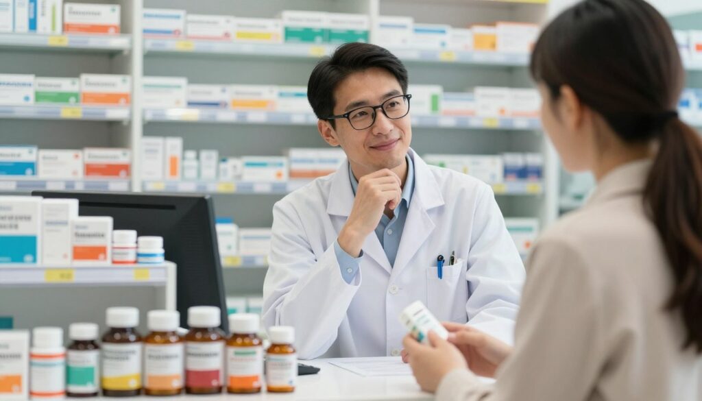 A professional pharmacist standing behind a pharmacy counter, engaged in a thoughtful discussion with a client about medication options. The foreground features a neatly organized display of prescription bottles and health products, showcasing the pharmacist's expertise. In the middle ground, the pharmacist is dressed in a white lab coat, wearing glasses, with a friendly, attentive expression. Soft, natural lighting illuminates the scene, creating a warm atmosphere. The background includes shelves filled with various pharmaceuticals and health products, hinting at the diverse environment of a pharmacy. The overall mood is professional yet approachable, emphasizing the crucial role pharmacists play in healthcare and the factors influencing their earnings. A professional pharmacist standing behind a pharmacy counter, engaged in a thoughtful discussion with a client about medication options. The foreground features a neatly organized display of prescription bottles and health products, showcasing the pharmacist's expertise. In the middle ground, the pharmacist is dressed in a white lab coat, wearing glasses, with a friendly, attentive expression. Soft, natural lighting illuminates the scene, creating a warm atmosphere. The background includes shelves filled with various pharmaceuticals and health products, hinting at the diverse environment of a pharmacy. The overall mood is professional yet approachable, emphasizing the crucial role pharmacists play in healthcare and the factors influencing their earnings.