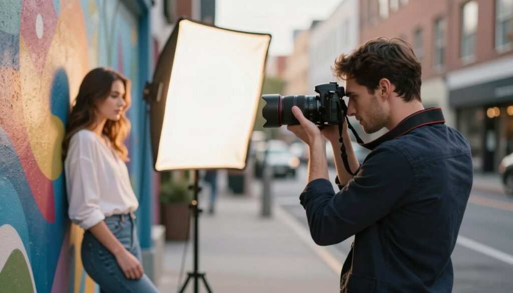 A professional photographer at work, capturing a dynamic scene in an urban setting, showcasing the essence of high-quality photography services. In the foreground, a well-dressed photographer, dressed in smart casual attire, holds a modern DSLR camera with a zoom lens, focused intently on a beautiful model posing against a colorful street mural. In the middle ground, a tripod stands holding a soft box that provides warm, diffused lighting, enhancing the subject's features. The background features blurred city architecture, creating a lively yet professional atmosphere. The lighting is golden hour soft, casting flattering shadows. The overall mood is engaging and artistic, reflecting the skill and investment that justify higher photography fees and inviting the viewer to consider the value of professional photography services.