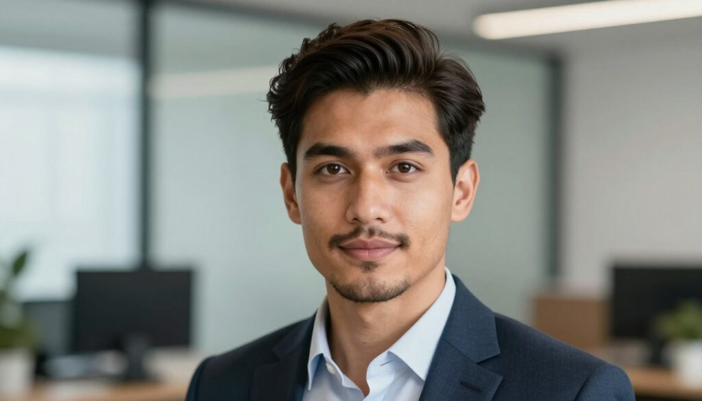 A professional portrait of a person with a well-groomed hairstyle, subtle facial hair, and polished makeup, embodying a modern business look. The subject is positioned in the foreground, dressed in smart business attire, conveying confidence and approachability. The background features a blurred office environment, softly lit to create an inviting atmosphere. Use natural lighting to enhance the subject's features, with a focus on capturing details like the sheen on the hair and the nuances of the makeup. The camera angle should be slightly above eye level, providing a flattering perspective that highlights the professionalism of the look. Aim for a clean, sharp image that reflects a polished, professional demeanor suitable for a CV. A professional portrait of a person with a well-groomed hairstyle, subtle facial hair, and polished makeup, embodying a modern business look. The subject is positioned in the foreground, dressed in smart business attire, conveying confidence and approachability. The background features a blurred office environment, softly lit to create an inviting atmosphere. Use natural lighting to enhance the subject's features, with a focus on capturing details like the sheen on the hair and the nuances of the makeup. The camera angle should be slightly above eye level, providing a flattering perspective that highlights the professionalism of the look. Aim for a clean, sharp image that reflects a polished, professional demeanor suitable for a CV.
