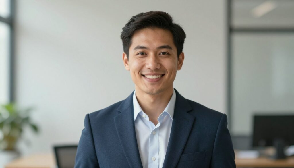 A professional portrait suitable for a CV in 2026, featuring a diverse individual in business attire, confidently smiling. The foreground shows the individual with a clean, approachable expression. The middle section captures them from the waist up, ensuring they are well-centered in the frame. The background is a soft blur, creating a neutral setting that enhances the subject, such as a modern office or a subtle gradient. The lighting is soft but bright, simulating natural daylight to give a fresh and vibrant feel. The image should be framed with a slight headroom, showcasing a polished, professional look, ideal for a contemporary CV.