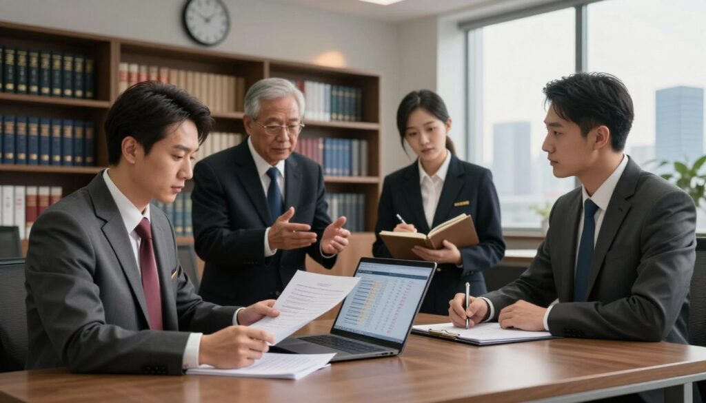 A professional prosecutor's office scene depicting various levels of prosecutors in a modern office environment. In the foreground, a mid-level prosecutor in a tailored suit analyzes case documents at a stylish desk, a laptop open and displaying graphs of salary scales. In the middle, two senior prosecutors engage in a discussion, showcasing their authority with confident body language, while a junior prosecutor takes notes attentively. The background features bookshelves filled with legal books, a wall clock indicating late hours, and a window revealing a city skyline bathed in warm, soft lighting. The atmosphere conveys professionalism, ambition, and a focus on career advancement, inviting viewers to reflect on the nuances of prosecutor salaries in different roles, without any text or distractions.