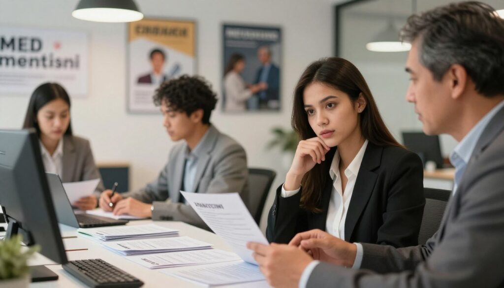 A professional recruitment office featuring a diverse group of individuals engaged in a discussion about job applications. In the foreground, a focused young woman in smart business attire reviews a resume, her expression thoughtful, while a middle-aged man beside her gestures as he talks. In the middle ground, another candidate interacts with a recruiter at a desk piled with CVs, the recruiter taking notes. The background showcases a modern, well-lit office with motivational posters about career growth and teamwork. Soft overhead lighting creates a warm atmosphere, with a slight lens blur to emphasize the interaction in the foreground. The overall mood conveys professionalism, teamwork, and the varied pace of the recruitment process.
