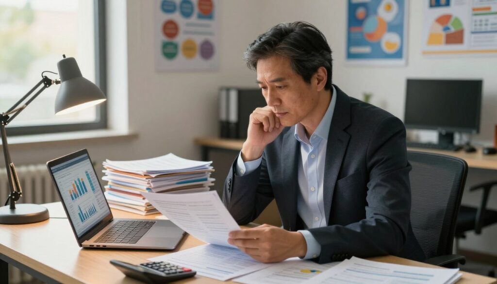 A professional school director at a desk, immersed in paperwork and analyzing statistical charts on a laptop. The foreground features the director, a middle-aged individual dressed in smart business attire, deep in thought with a focused expression. The middle ground includes stacks of reports and a calculator, symbolizing the intricate factors influencing salary. In the background, a well-organized office with educational posters and a window showing a sunny day outside. The lighting is warm and inviting, coming from a desk lamp, creating a productive atmosphere. The camera angle is slightly above eye level, offering a clear view of the work environment while emphasizing the director's professionalism and dedication to their role.
