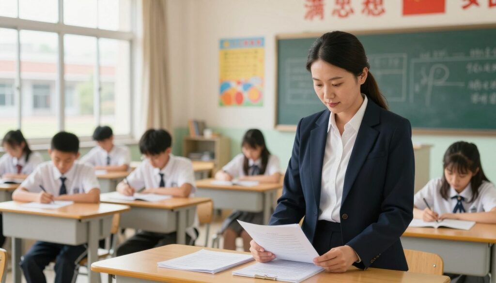 A professional school vice principal stands confidently in a brightly lit, modern classroom. The foreground captures the vice principal, a middle-aged individual in smart business attire, reviewing documents on a desk, displaying a thoughtful expression. In the middle ground, students can be seen working attentively at their desks, showcasing an engaging learning environment. The background features a chalkboard filled with educational materials, vibrant posters, and a view of a school courtyard through a large window, introducing a sense of openness and vitality. The lighting is warm and inviting, creating a positive and dynamic atmosphere. The image should convey professionalism, leadership, and dedication to education, representing the role of a vice principal in both primary and secondary school settings.