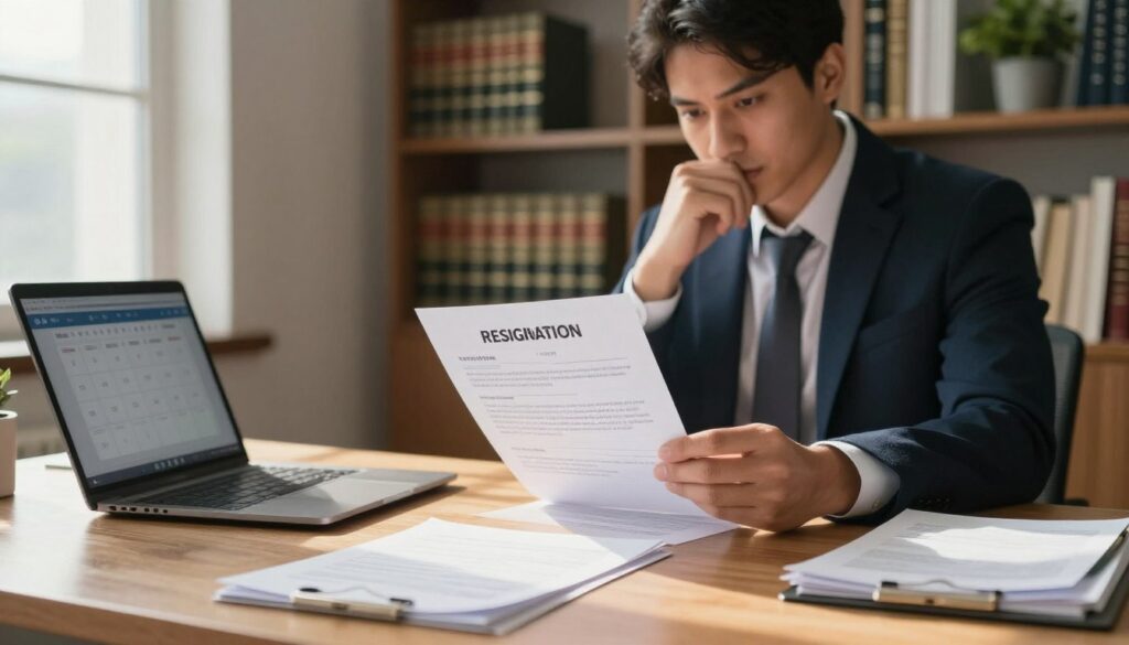 A professional setting depicting a business office in the foreground, with a wooden desk cluttered with papers and a laptop displaying a digital calendar. In the middle ground, a focused individual in business attire is reviewing a resignation letter, with a thoughtful expression on their face. Soft natural light filters through a window on the left, creating a warm and contemplative atmosphere while casting gentle shadows. The background features a bookshelf filled with legal books and a potted plant, enhancing the professional vibe. The image captures the essence of decision-making regarding employment contracts, symbolizing the two-week, one-month, and three-month notice periods in a clear and engaging manner. A professional setting depicting a business office in the foreground, with a wooden desk cluttered with papers and a laptop displaying a digital calendar. In the middle ground, a focused individual in business attire is reviewing a resignation letter, with a thoughtful expression on their face. Soft natural light filters through a window on the left, creating a warm and contemplative atmosphere while casting gentle shadows. The background features a bookshelf filled with legal books and a potted plant, enhancing the professional vibe. The image captures the essence of decision-making regarding employment contracts, symbolizing the two-week, one-month, and three-month notice periods in a clear and engaging manner.