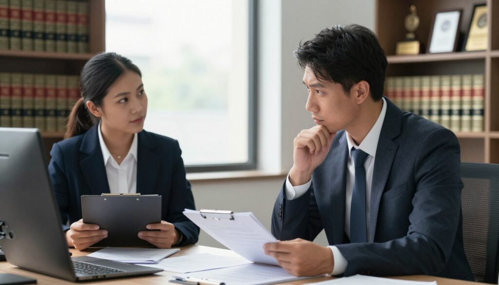 A professional setting depicting a conversation between a manager and an employee in an office environment. In the foreground, a business suit-clad manager, appearing thoughtful and attentive, leans slightly forward at a desk cluttered with papers. The employee, dressed in smart casual attire, looks confident yet respectful while holding a clipboard with notes. The middle ground features a large window allowing soft, natural light to illuminate the room, casting gentle shadows. The background shows a bookshelf filled with legal books and corporate awards, indicating professionalism. The atmosphere is serious yet approachable, reflecting a constructive dialogue. The camera angle is slightly elevated to capture both expressions, creating a sense of engagement and responsibility in workplace communication.